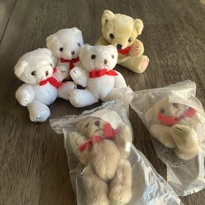 Set of 6 Small Stuffed Bears - White & Light Brown - Plush